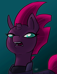 Size: 932x1205 | Tagged: safe, artist:wiggles, tempest shadow, pony, unicorn, g4, my little pony: the movie, broken horn, bust, colored pupils, eye scar, female, horn, looking at you, mare, open mouth, portrait, scar, signature, solo