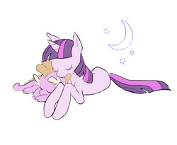 Size: 1112x910 | Tagged: dead source, safe, artist:copperbrain, spike, twilight sparkle, pony, unicorn, g4, crescent moon, cute, duo, eyes closed, mama twilight, missing cutie mark, moon, no more ponies at source, pastel, prone, simple background, sleeping, spikabetes, spikelove, stars, twiabetes, unicorn twilight, white background