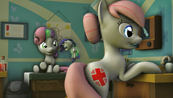 Size: 1920x1080 | Tagged: safe, artist:caveboy2000, nurse redheart, sweetie belle, pony, g4, 3d, cutie mark, doctor, female, filly, hammer, happy, magic, mare, plushie, rarity plushie, smiling