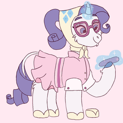 Size: 1000x1000 | Tagged: safe, artist:sodaaz, rarity, classical unicorn, pony, unicorn, g4, sleepless in ponyville, alternate hairstyle, bonnet, cheek fluff, chin fluff, clothes, cloven hooves, curved horn, cute, dress, eyebrows, eyelashes, female, glasses, glowing horn, headscarf, hoof fluff, horn, leg fluff, leonine tail, levitation, magic, mare, nail file, no catchlights, pink background, ponytail, raised hoof, raribetes, scarf, shoes, simple background, smiling, solo, telekinesis, unshorn fetlocks, white background