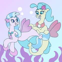 Size: 1000x1000 | Tagged: safe, artist:sodaaz, princess skystar, silverstream, seapony (g4), g4, my little pony: the movie, bubble, clothes, cousins, cute, daaaaaaaaaaaw, diastreamies, duo, eyebrows, eyelashes, female, jewelry, necklace, no catchlights, open mouth, seapony silverstream, skyabetes, smiling, swimming, underwater