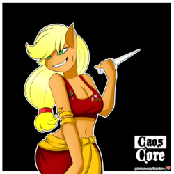 Size: 4000x4000 | Tagged: safe, artist:caoscore, applejack, earth pony, anthro, g4, armlet, belly button, black background, breasts, busty applejack, cleavage, clothes, engineer, engineering, evil applejack, evil smile, female, grin, jewelry, knife, medal, midriff, mirror mirror (star trek), mirror universe, patreon, patreon logo, redshirt, sash, scar, simple background, smiling, solo, sports bra, star trek, star trek (tos), terran empire