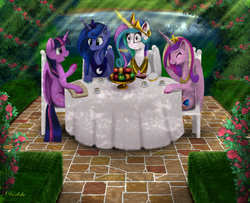 Size: 7680x6240 | Tagged: safe, artist:darksly, princess cadance, princess celestia, princess luna, twilight sparkle, alicorn, pony, g4, absurd resolution, alicorn tetrarchy, bush, cake, chair, cup, dessert, eyes closed, food, giggling, levitation, magic, open mouth, plate, pond, sisters-in-law, sitting, table, telekinesis, true love princesses, twilight sparkle (alicorn), water