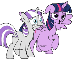 Size: 987x803 | Tagged: safe, artist:didgereethebrony, edit, twilight sparkle, twilight velvet, alicorn, pony, unicorn, g4, belly edit, cutie mark, duo, female, food baby, mare, mother and daughter, raised hoof, raised leg, regret, satisfied, standing, stomach noise, stuffed, stuffed belly, twilight sparkle (alicorn)
