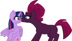 Size: 8787x5057 | Tagged: safe, artist:ejlightning007arts, fizzlepop berrytwist, tempest shadow, twilight sparkle, alicorn, pony, unicorn, g4, absurd resolution, adult blank flank, blank flank, blank flank tempest, broken horn, cheek kiss, female, horn, kissing, lesbian, looking at each other, missing cutie mark, ship:tempestlight, shipping, simple background, sitting, smiling, standing, transparent background, twilight sparkle (alicorn)