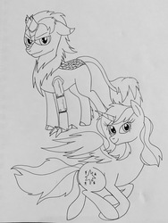 Size: 3024x4032 | Tagged: safe, artist:wolftendragon, oc, oc:lady, alicorn, kirin, pony, amputee, d10, female, male, mare, monochrome, ponified, prosthetic limb, prosthetics, thomas the tank engine, traditional art