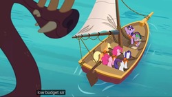 Size: 1920x1080 | Tagged: safe, edit, edited screencap, screencap, applejack, pinkie pie, rarity, spike, twilight sparkle, alicorn, pony, tri-horned bunyip, g4, ppov, boat, caption, meme, twilight sparkle (alicorn), youtube caption