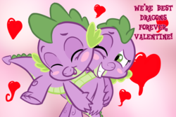 Size: 2160x1440 | Tagged: safe, artist:chiptunebrony, spike, g4, barb, barbabetes, blushing, cute, eyes closed, faic, female, heart, hearts and hooves day, holiday, hug, male, message, one eye closed, rule 63, rule63betes, self dragondox, self ponidox, selfcest, ship:spikebarb, shipping, text, valentine's day