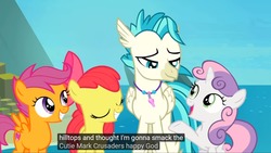 Size: 1920x1080 | Tagged: safe, edit, edited screencap, screencap, apple bloom, scootaloo, sweetie belle, terramar, hippogriff, g4, surf and/or turf, caption, cutie mark crusaders, god, meme, your heart is in two places, youtube caption