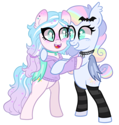 Size: 702x737 | Tagged: safe, artist:ashidaii, oc, oc only, oc:spectral prism, bat pony, pony, bat pony oc, bipedal, bipedal leaning, clothes, female, hoodie, hug, leaning, mare, rainbow hair, simple background, socks, striped socks, transparent background