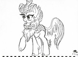 Size: 2013x1488 | Tagged: safe, artist:radiancebreaker, autumn blaze, kirin, g4, sounds of silence, black and white, female, grayscale, monochrome, open mouth, raised hoof, signature, sketch, solo, traditional art