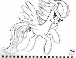 Size: 1998x1529 | Tagged: safe, artist:radiancebreaker, night glider, pony, g4, black and white, female, flying, grayscale, looking at you, monochrome, signature, sketch, solo, traditional art