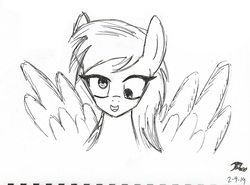 Size: 1998x1476 | Tagged: safe, artist:radiancebreaker, derpy hooves, pony, g4, black and white, female, grayscale, looking at you, monochrome, open mouth, signature, sketch, solo, spread wings, traditional art, wings