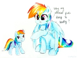 Size: 2322x1741 | Tagged: safe, artist:liaaqila, rainbow dash, pegasus, pony, g4, dialogue, female, irl, open mouth, photo, plushie, self paradox, simple background, sitting, smiling, traditional art, white background