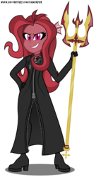 Size: 1700x2966 | Tagged: safe, artist:gamerpen, oc, oc only, oc:mezma, siren, equestria girls, g4, clothes, disney, equestria girls-ified, female, gloves, kingdom hearts, looking at you, organization xiii, simple background, solo, transparent background, trident