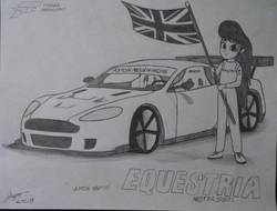 Size: 1885x1432 | Tagged: safe, artist:forzaveteranenigma, octavia melody, fanfic:equestria motorsports, equestria girls, g4, aston martin, aston martin dbr9, aston martin racing, aston melody, aston melody racing, britavia, british, car, female, flag, flag pole, holding a flag, racing suit, solo, traditional art, union jack