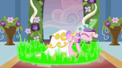 Size: 640x360 | Tagged: safe, screencap, queen chrysalis, alicorn, changeling, pony, a canterlot wedding, g4, animated, carpet, clothes, disguise, disguised changeling, dress, eyes closed, fake cadance, female, floral head wreath, flower, flower in hair, flower pot, gif, glowing horn, hoof shoes, horn, indoors, loop, magic, mare, solo, standing, transformation, wedding dress