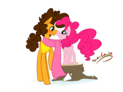 Size: 2048x1536 | Tagged: safe, artist:summer-cascades, cheese sandwich, pinkie pie, earth pony, pony, g4, blushing, boop, clothes, female, looking at each other, male, mare, missing cutie mark, noseboop, scarf, ship:cheesepie, shipping, simple background, size difference, smiling, stallion, straight, transparent background, tree stump