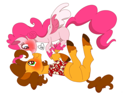 Size: 2048x1536 | Tagged: safe, artist:summer-cascades, cheese sandwich, pinkie pie, earth pony, pegasus, pony, g4, blushing, boop, clothes, female, flying, g5 concept leak style, g5 concept leaks, hawaiian shirt, looking at each other, male, mare, noseboop, on back, pinkie pie (g5 concept leak), scrunchy face, ship:cheesepie, shipping, shirt, simple background, smiling, stallion, straight, transparent background
