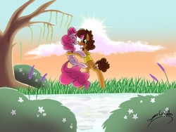 Size: 2048x1536 | Tagged: safe, artist:summer-cascades, cheese sandwich, pinkie pie, earth pony, pony, g4, bipedal, blushing, cutie mark, eyes closed, female, grin, male, mare, pond, ship:cheesepie, shipping, smiling, stallion, straight, sun, tree