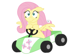 Size: 2048x1536 | Tagged: safe, artist:summer-cascades, fluttershy, pegasus, pony, g4, female, go kart, hoof hold, mare, mario kart, simple background, solo, spread wings, transparent background, vector, video game crossover, wings, worried