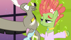 Size: 1280x720 | Tagged: safe, edit, edited screencap, screencap, discord, smooze, tree hugger, earth pony, pony, g4, make new friends but keep discord, canterlot, canterlot castle, clothes, dreadlocks, dress, flower, grand galloping gala, jewelry, necklace, party, sin of envy, sin of wrath, smiling, statue, upside down, window