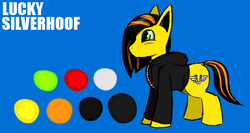 Size: 563x299 | Tagged: safe, artist:dave_sherk, oc, oc only, oc:lucky silverhoof, pegasus, pony, blushing, clothes, cutie mark, green eyes, hoodie, male, palette, reference sheet, simple background, solo, stallion, text, two toned hair, wingless