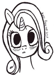 Size: 590x792 | Tagged: safe, artist:aeropegasus, rarity, pony, unicorn, g4, black and white, blushing, female, grayscale, looking at you, monochrome, signature, simple background, solo, surprised, traditional art, white background, wide eyes