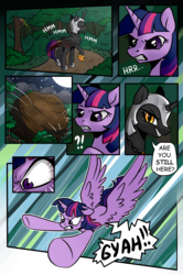 Size: 1243x1877 | Tagged: safe, artist:candyclumsy, artist:nancy-05, twilight sparkle, oc, oc:fallenlight, alicorn, pony, comic:curse and madness, g4, angry, armor, boulder, comic, everfree forest, female, flying, forest, helmet, hoof shoes, imminent doom, jewelry, mare, mlpcam, moon, necklace, night, sky, stars, text, text bubbles, tree, twilight sparkle (alicorn), wings