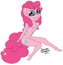 Size: 2120x2200 | Tagged: safe, artist:salamishowdown, pinkie pie, earth pony, anthro, plantigrade anthro, g4, breastless female, chibi, female, high res, looking at you, simple background, smiling, solo