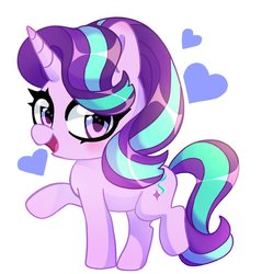 Size: 1018x1024 | Tagged: safe, artist:techycutie, starlight glimmer, pony, unicorn, g4, chibi, cute, female, glimmerbetes, heart, looking at you, mare, open mouth, raised hoof, smiling, solo