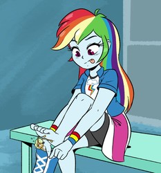 Size: 694x746 | Tagged: safe, artist:joaoppereiraus, applejack, rainbow dash, breezie, equestria girls, g4, boots, clothes, compression shorts, cropped, feet, fetish, foot fetish, legs, miniskirt, shirt, shoes, shorts, sitting, skirt, skirt lift, this will end in tears, tongue out, wristband