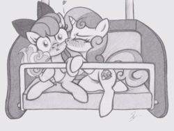 Size: 1233x928 | Tagged: safe, artist:lockerobster, apple bloom, sweetie belle, earth pony, pony, g4, blushing, cheek kiss, cotton candy, date, female, ferris wheel, filly, hoof hold, kissing, lesbian, monochrome, nervous, romantic, ship:sweetiebloom, shipping, surprise kiss, traditional art