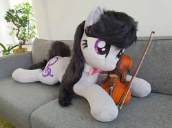 Size: 3864x2880 | Tagged: safe, artist:epicrainbowcrafts, octavia melody, earth pony, pony, g4, bow (instrument), bowtie, high res, irl, musical instrument, photo, plushie, prone, solo, violin