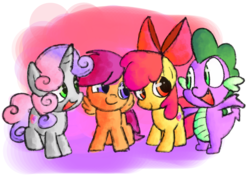 Size: 1500x1080 | Tagged: safe, artist:andromedasparkz, apple bloom, scootaloo, spike, sweetie belle, dragon, earth pony, pegasus, pony, unicorn, g4, bow, cutie mark crusaders, female, filly, foal, group, hair bow, happy, male, open mouth