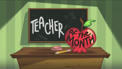 Size: 1136x640 | Tagged: safe, screencap, g4, interseason shorts, teacher of the month (episode), apple, chalkboard, food, no pony, title card