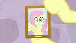Size: 1280x720 | Tagged: safe, screencap, fluttershy, pegasus, pony, g4, interseason shorts, teacher of the month (episode), animation error, bust, female, hooves, mare, portrait, red eye, solo, teacher of the month, wall