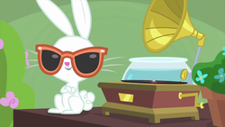 Size: 1280x720 | Tagged: source needed, safe, screencap, angel bunny, g4, interseason shorts, teacher of the month (episode), flower, record, record player, sunglasses