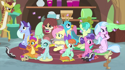 Size: 1280x720 | Tagged: safe, screencap, clementine, fluttershy, gallus, november rain, ocellus, peppermint goldylinks, sandbar, silverstream, smolder, yona, changedling, changeling, chipmunk, classical hippogriff, dragon, earth pony, giraffe, griffon, hippogriff, pegasus, pony, rabbit, skunk, unicorn, yak, g4, teacher of the month (episode), spoiler:interseason shorts, bow, colored hooves, cute, dragoness, female, friendship student, hair bow, jewelry, male, mare, monkey swings, necklace, smiling, stallion, student six, teenager