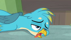 Size: 1280x720 | Tagged: safe, screencap, gallus, griffon, g4, interseason shorts, teacher of the month (episode), birb, bored, cheek squish, cute, floor, frown, gallabetes, lidded eyes, male, open mouth, prone, sad, solo, squishy cheeks, tongue out