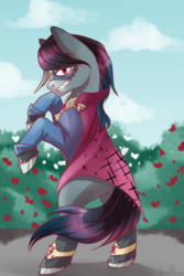 Size: 1012x1512 | Tagged: safe, artist:senpai, oc, oc only, earth pony, pony, clothes, costume, grin, male, mask, rearing, smiling, solo, stallion, unshorn fetlocks