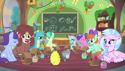 Size: 1280x720 | Tagged: safe, screencap, gallus, november rain, ocellus, sandbar, silverstream, yona, changedling, changeling, classical hippogriff, dragon, earth pony, griffon, hippogriff, pegasus, pony, unicorn, yak, g4, interseason shorts, teacher of the month (episode), beehive, bird house, bow, chalkboard, cloven hooves, colored hooves, dragoness, female, friendship student, hair bow, hammer, jewelry, male, mare, monkey swings, necklace, stallion, teenager