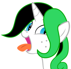 Size: 974x954 | Tagged: safe, artist:chipmagnum, oc, oc only, pony, unicorn, g4, bust, female, freckles, looking at you, mare, portrait, silly, simple background, solo, tongue out, transparent background, two toned mane, vector