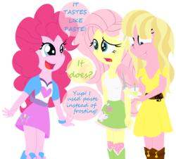 Size: 1100x996 | Tagged: safe, alternate version, artist:mylittlepon3lov3, fluttershy, pinkie pie, equestria girls, g4, andrea libman, clothes, dialogue, dress, equestria girls-ified, simple background, transparent background