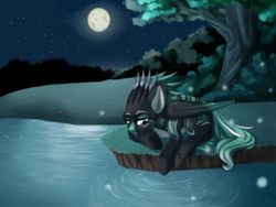 Size: 2012x1512 | Tagged: safe, artist:senpai, oc, oc only, oc:alpine apotheon, firefly (insect), pegasus, pony, female, full moon, lidded eyes, mare, moon, night, prone, solo, stars, tree, water, ych result