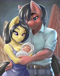 Size: 2742x3474 | Tagged: safe, artist:pakwan008, oc, oc only, oc:ember wing, oc:fable prose, oc:quick bullet, pegasus, anthro, anthro oc, baby, baby pony, black mane, clothes, eyebrows, eyelashes, eyes closed, family, father, father and son, female, foal, high res, love, male, mother, mother and father, mother and son, newborn, oc x oc, offspring, orange fur, parents:oc x oc, quicable, ranchtown, red fur, shipping, smiling, spread wings, trio, wholesome, wings, yellow fur