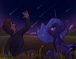 Size: 1920x1505 | Tagged: safe, artist:shieltar, princess luna, alicorn, human, pony, g4, ethereal mane, night, shooting star, starry mane