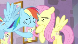 Size: 1280x720 | Tagged: safe, screencap, fluttershy, rainbow dash, pegasus, pony, g4, interseason shorts, teacher of the month (episode), context is for the weak, duo, out of context, shipping fuel