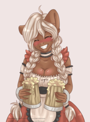 Size: 1112x1502 | Tagged: safe, artist:senpai, oc, oc only, anthro, bar maid, barmaid, blushing, braid, breasts, cider, cleavage, clothes, dirndl, dress, eyes closed, female, grin, simple background, smiling, solo, tankard