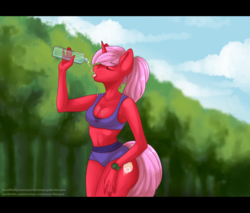 Size: 1812x1542 | Tagged: safe, artist:senpai, oc, oc only, oc:tallow, unicorn, anthro, belly button, breasts, cleavage, clothes, drinking, eyes closed, female, midriff, open mouth, outdoors, solo, sports bra, sports panties, tongue out, water bottle, workout outfit, ych result